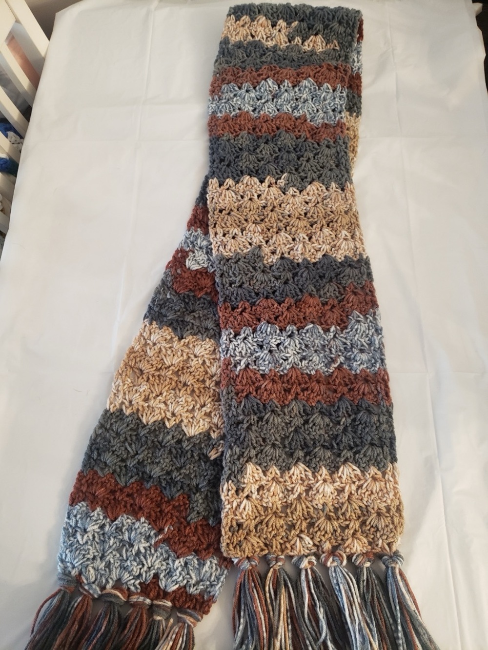 Handmade Multicolor Crochet Scarf - Neutral Tones 67”x7” - Picture 3 of 4
